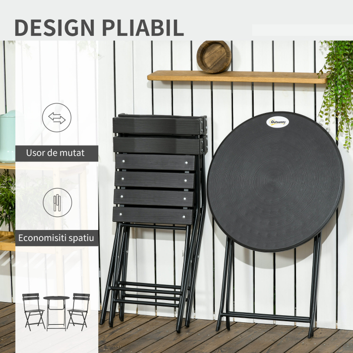  Set de Gradina  3 Piese cu 2 Scaune si Masa Pliabile din Otel si HDPE pentru Balcon si Terasa, Gri Inchis [4]