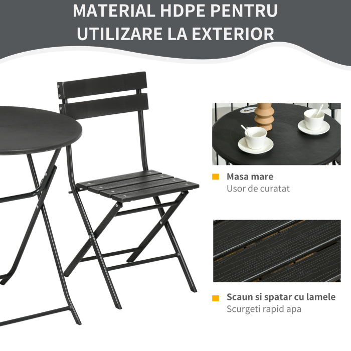 Set de Gradina  3 Piese cu 2 Scaune si Masa Pliabile din Otel si HDPE pentru Balcon si Terasa, Gri Inchis [6]