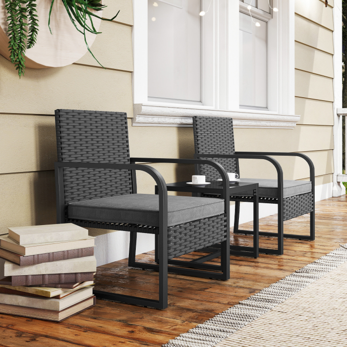  Set de Gradina 3 Piese din Rattan PE si Otel, Set cu 2 Fotolii si Perne Lavabile, Masa de Cafea cu Blat din Sticla, Mobilier de Balcon pentru Terasa sau Curte, Gri inchis si Negru [9]