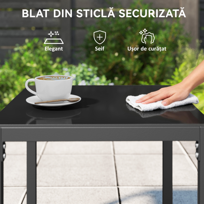  Set de Gradina 3 Piese din Rattan PE si Otel, Set cu 2 Fotolii si Perne Lavabile, Masa de Cafea cu Blat din Sticla, Mobilier de Balcon pentru Terasa sau Curte, Gri inchis si Negru [6]