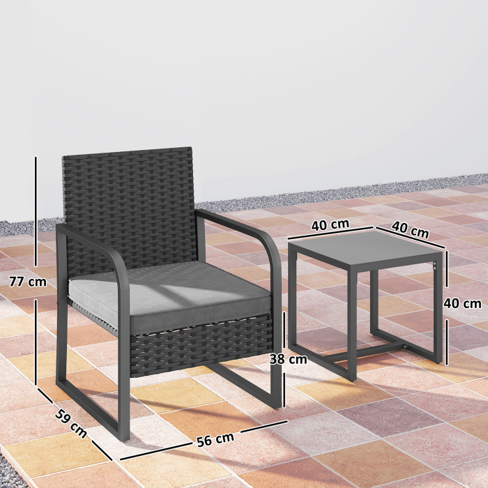  Set de Gradina 3 Piese din Rattan PE si Otel, Set cu 2 Fotolii si Perne Lavabile, Masa de Cafea cu Blat din Sticla, Mobilier de Balcon pentru Terasa sau Curte, Gri inchis si Negru [3]