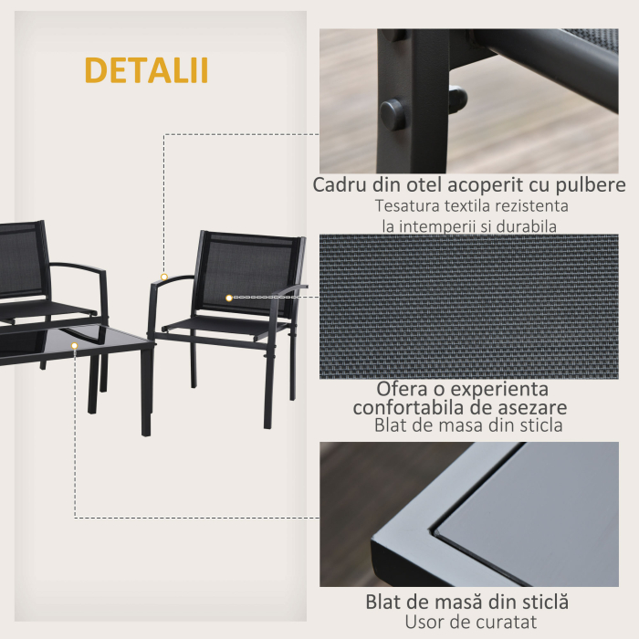 Set de Gradina 4 bucati cu Masuta de cafea, 2 Scaune si o Panca in Metal, Negru [5]