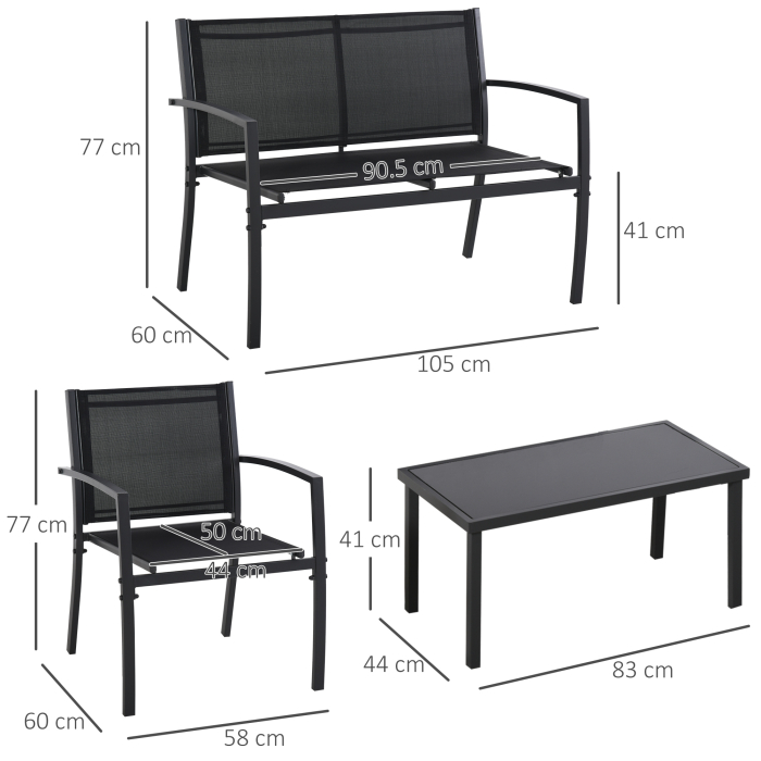  Set de Gradina 4 bucati cu Masuta de cafea, 2 Scaune si o Panca in Metal, Negru [3]