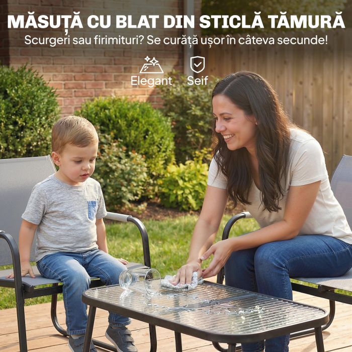  Set de Gradina 4 Piese, Canapea cu 2 Locuri, 2 Fotolii, Masuta din Sticla Temperata, Gri [6]