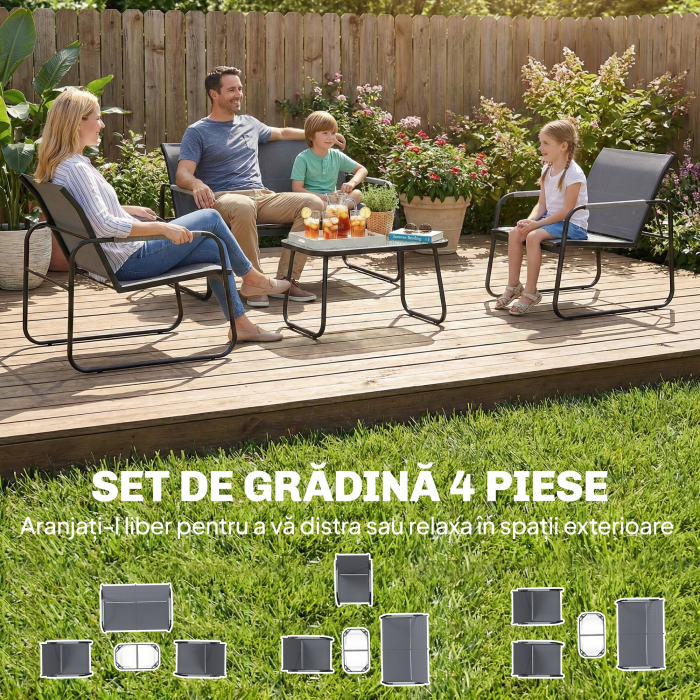  Set de Gradina 4 Piese, Canapea cu 2 Locuri, 2 Fotolii, Masuta din Sticla Temperata, Gri [4]