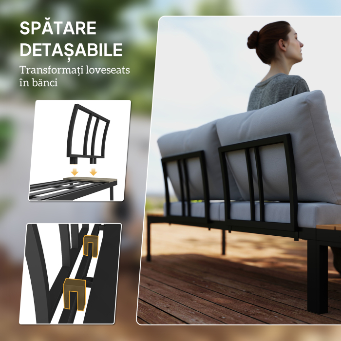  Set de Gradina 4 Piese cu 2 Canapele pentru 2 Persoane si 2 Mese din Metal si Lemn Compus, Gri-Negru si Teak [5]