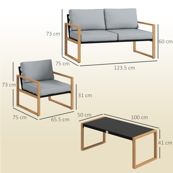 Set de Gradina  4 Piese cu 2 Fotolii, Divan si Masuta, din Aluminiu si Fibra, Gri si Culoare Lemn [3]