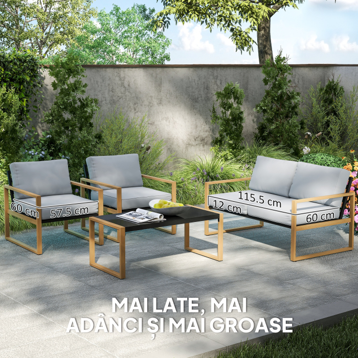 Set de Gradina  4 Piese cu 2 Fotolii, Divan si Masuta, din Aluminiu si Fibra, Gri si Culoare Lemn [5]