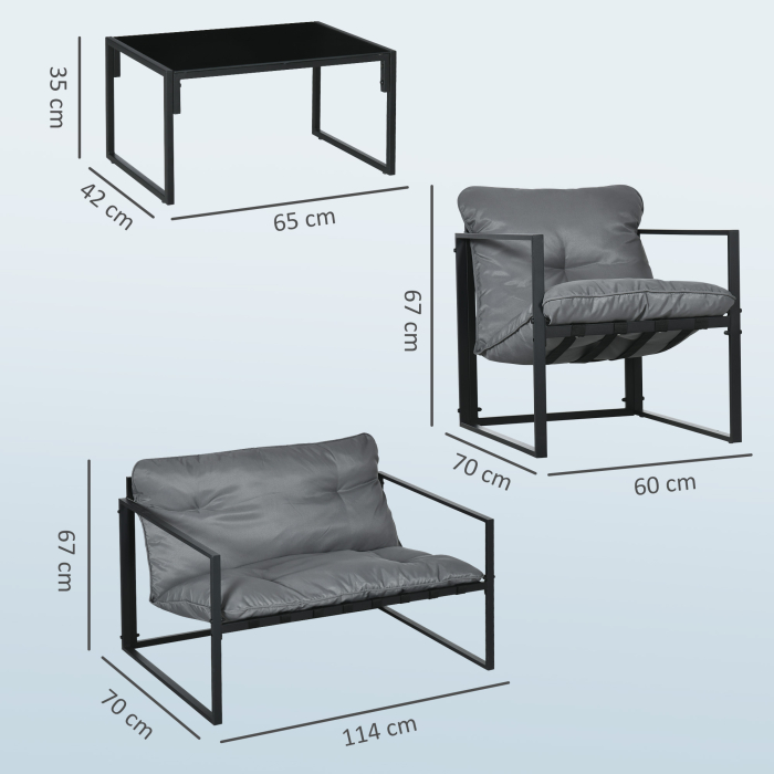  Set de Gradina 4 Piese cu Canapea, 2 Fotolii si Masuta, din Otel, Poliester si Bumbac PP, Negru si Gri [3]