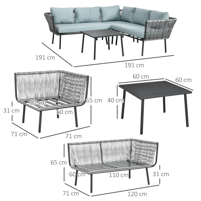  Set de Gradina 4 Piese din Ratan si Aluminiu cu Masuta de Cafea, 2 Canapele pe Colt si Fotoliu, Albastru [3]