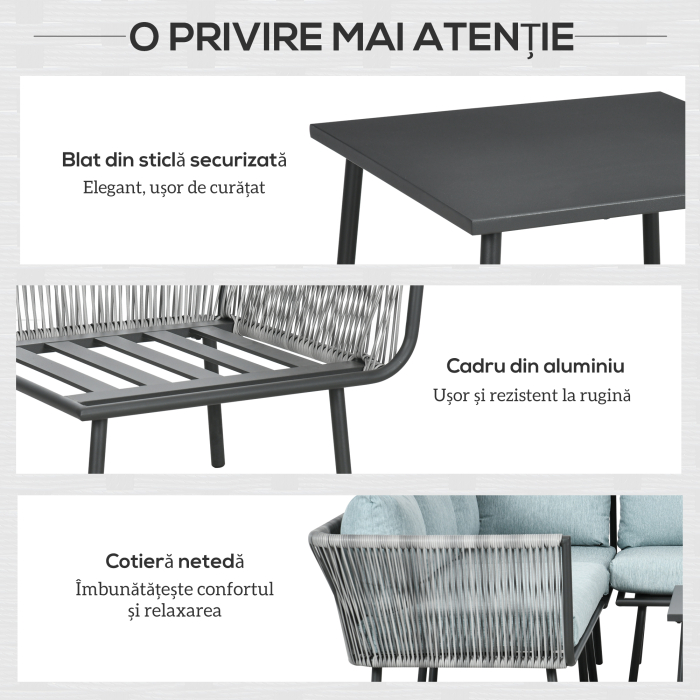  Set de Gradina 4 Piese din Ratan si Aluminiu cu Masuta de Cafea, 2 Canapele pe Colt si Fotoliu, Albastru [6]
