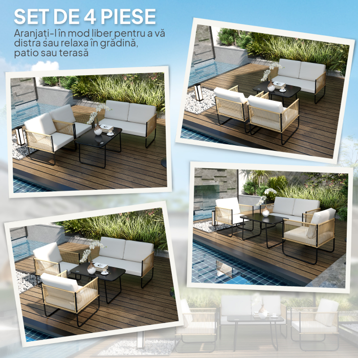  Set de Gradina 4 Piese din Ratan si Otel cu Canapea, 2 Fotolii de Exterior si Masuta Joasa, Multicolor [4]
