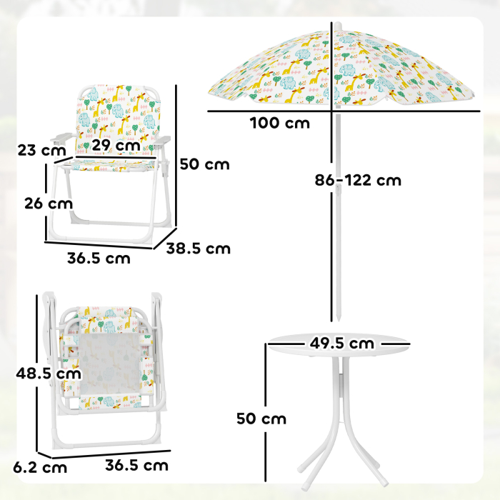  Set de Gradina 4 Piese pentru Copii cu Model Girafa si Elefant, Masa Rotunda, 2 Scaune Pliabile si o Umbrela, Set Masa cu Scaune pentru Copii 2-5 Ani, Alb [3]