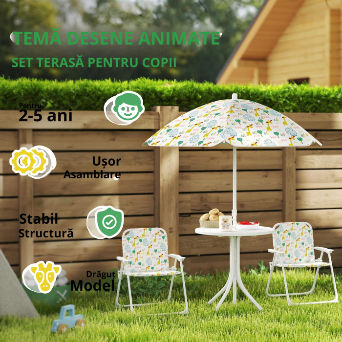  Set de Gradina 4 Piese pentru Copii cu Model Girafa si Elefant, Masa Rotunda, 2 Scaune Pliabile si o Umbrela, Set Masa cu Scaune pentru Copii 2-5 Ani, Alb [4]