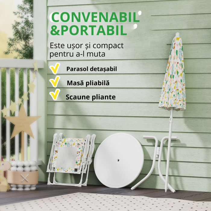  Set de Gradina 4 Piese pentru Copii cu Model Girafa si Elefant, Masa Rotunda, 2 Scaune Pliabile si o Umbrela, Set Masa cu Scaune pentru Copii 2-5 Ani, Alb [5]