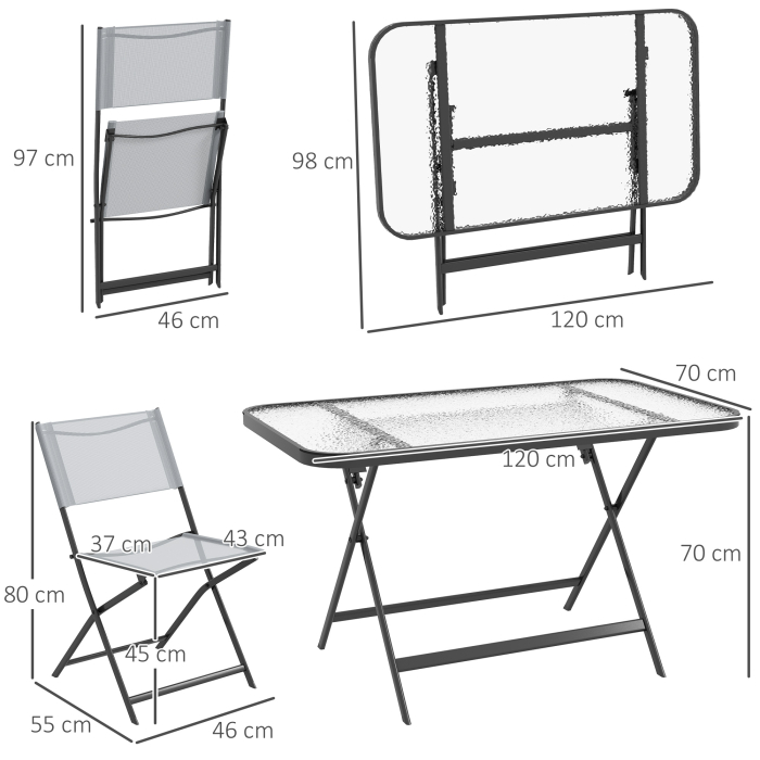  Set de Gradina 5 Piese - 4 Scaune Pliabile din Textilene si Masa din Sticla Securizata, Gri [3]