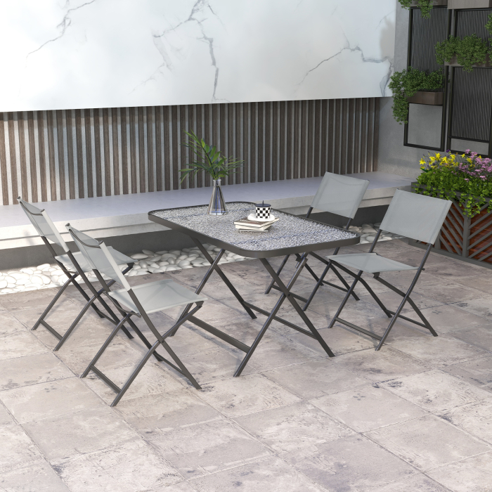  Set de Gradina 5 Piese - 4 Scaune Pliabile din Textilene si Masa din Sticla Securizata, Gri [2]