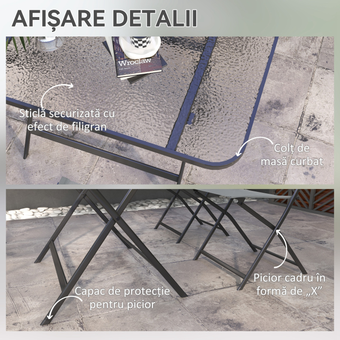  Set de Gradina 5 Piese - 4 Scaune Pliabile din Textilene si Masa din Sticla Securizata, Gri [7]