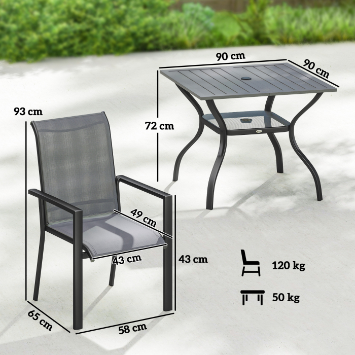  Set de Gradina 5 piese din Otel cu 4 Scaune Stivuibile si Masa cu Orificiu Central si Raft Inferior, Gri [3]