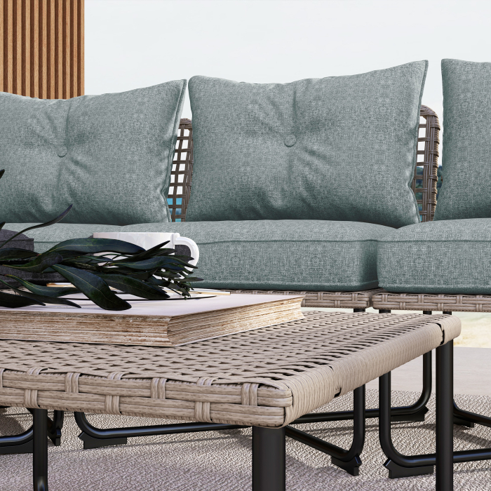  Set de Gradina 5 Piese din Ratan cu 2 Scaune Laterale, Scaun Central si 2 Tabluri/Masute de Cafea [6]