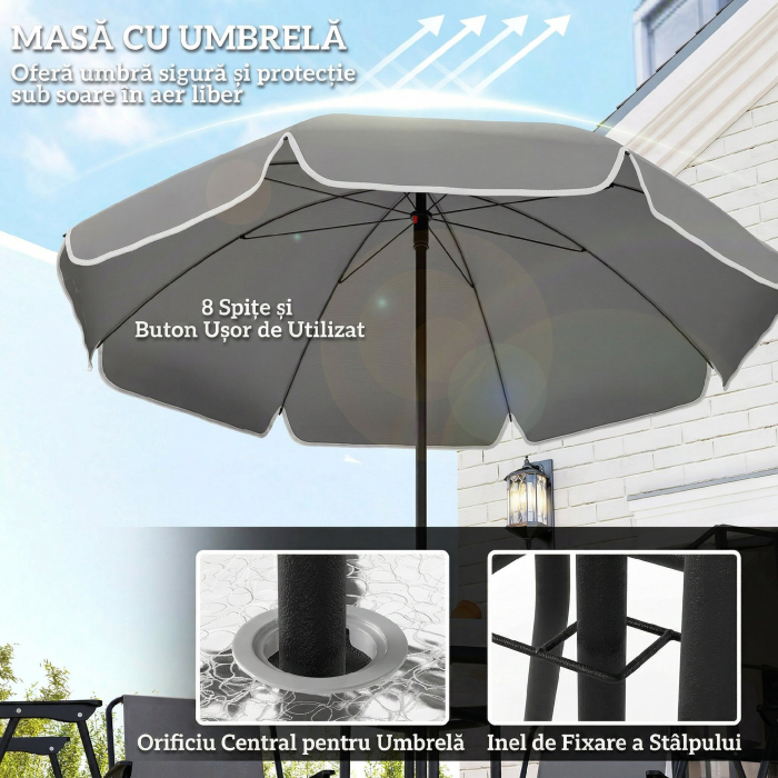  Set de Gradina 6 Piese din Otel cu 4 Scaune Pliabile, Umbrela si Masa Rotunda, Gri si Negru [8]