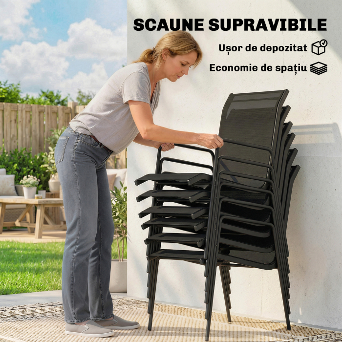  Set de Gradina 7 piese din Otel cu 6 Scaune Stivuibile din Textilena si Masa de Cafea cu Blat din Sticla, Negru [4]
