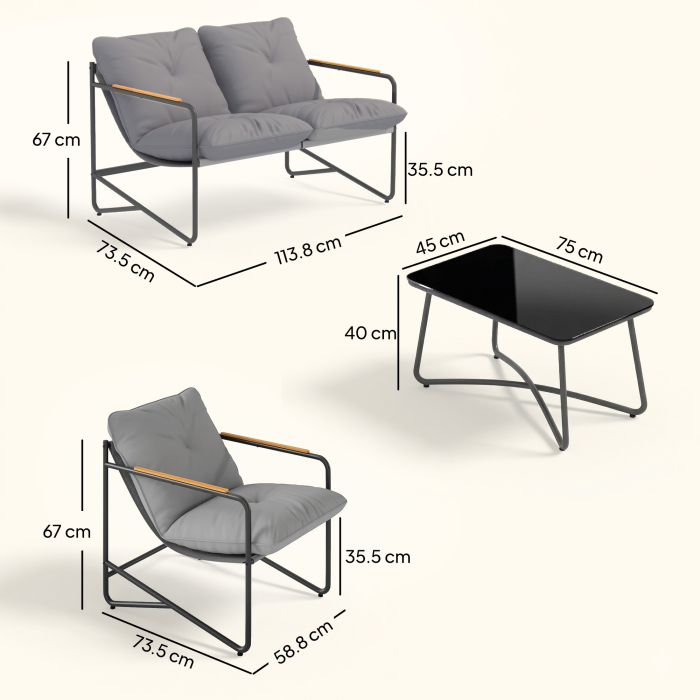 Set de Gradina  cu Canapea, 2 Fotolii si Masuta cu Blat din Sticla, Mobilier de Exterior cu Perne Groase, Gri Deschis [3]