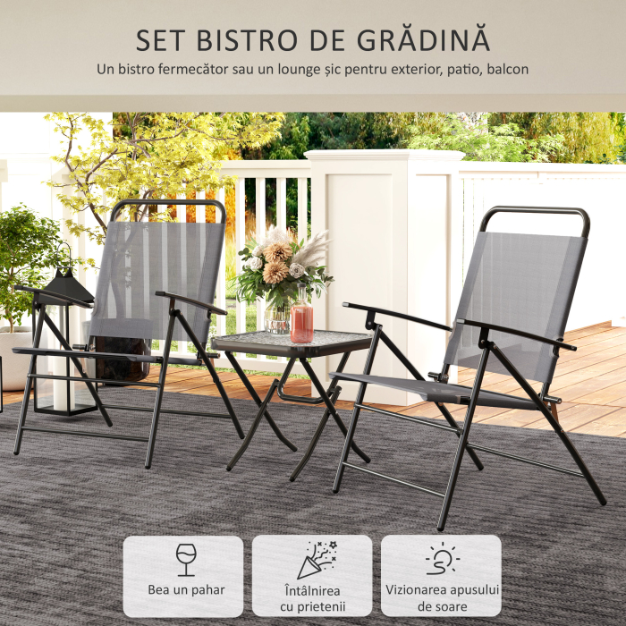  Set de Gradina cu Masa cu Blat din Sticla si 2 Scaune Pliabile cu Spatar Reglabil, Gri [4]