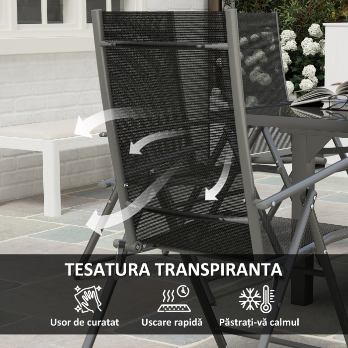  Set de Gradina cu Masa Extensibila din Sticla si 6 Scaune de Exterior Pliabile, Otel si Textilena, Gri [6]