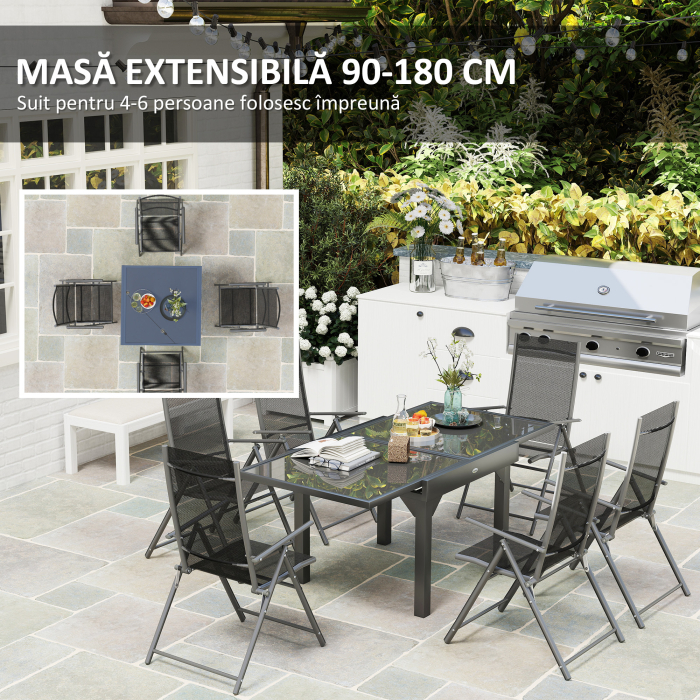  Set de Gradina cu Masa Extensibila din Sticla si 6 Scaune de Exterior Pliabile, Otel si Textilena, Gri [4]