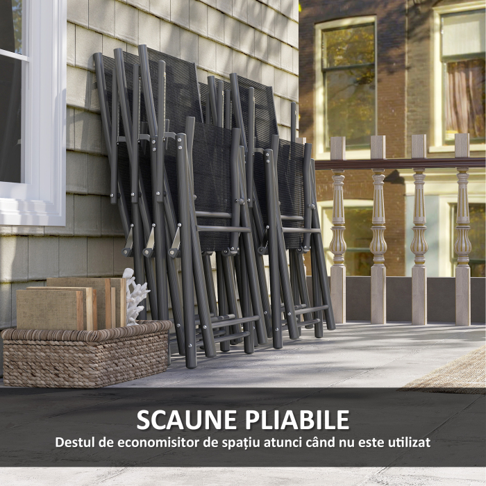  Set de Gradina cu Masa Extensibila din Sticla si 6 Scaune de Exterior Pliabile, Otel si Textilena, Gri [5]