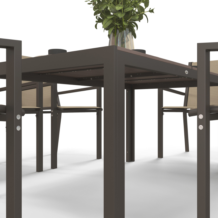 Set de Gradina din 7 Piese cu Masa din Plastic-Lemn si 6 Fotolii Stivuibile cu sezut si Spatar, 150x90x73 cm, Maro [9]