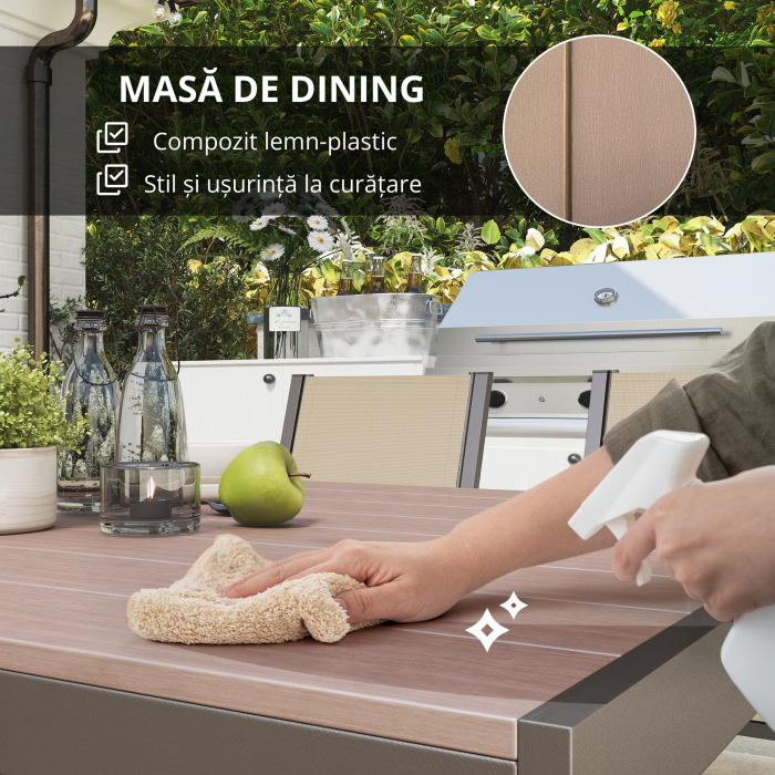  Set de Gradina din 7 Piese cu Masa din Plastic-Lemn si 6 Fotolii Stivuibile cu sezut si Spatar, 150x90x73 cm, Maro [5]