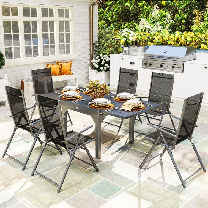  Set de Gradina din 7 Piese cu Masa Extensibila si 6 Scaune Pliabile cu Brate, 90/180x90x75 cm, Gri si Negru [2]