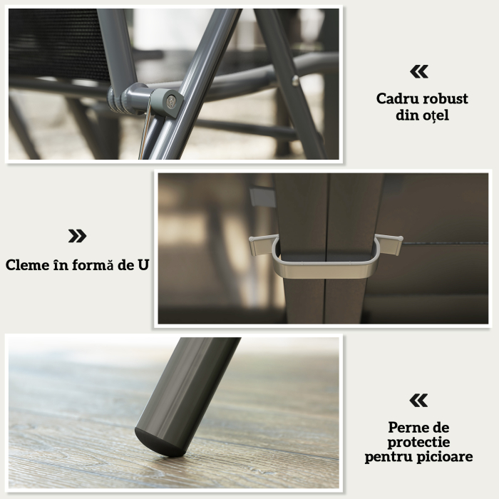  Set de Gradina din 7 Piese cu Masa Extensibila si 6 Scaune Pliabile cu Brate, 90/180x90x75 cm, Gri si Negru [8]