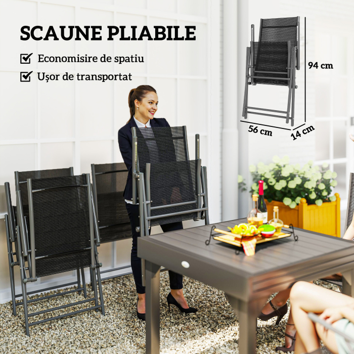  Set de Gradina din 7 Piese cu Masa Extensibila si 6 Scaune Pliabile cu Brate, 90/180x90x75 cm, Gri si Negru [6]