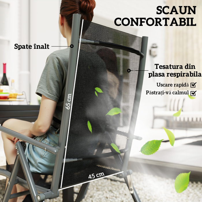  Set de Gradina din 7 Piese cu Masa Extensibila si 6 Scaune Pliabile cu Brate, 90/180x90x75 cm, Gri si Negru [7]