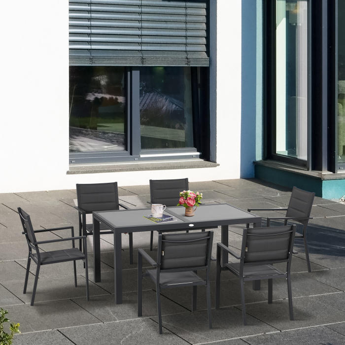  Set de Gradina din Aluminiu 7 Piese cu Masa Dreptunghiulara Extensibila si 6 Scaune de Exterior cu Sezuta din Plasa Respirabila, Gri [2]