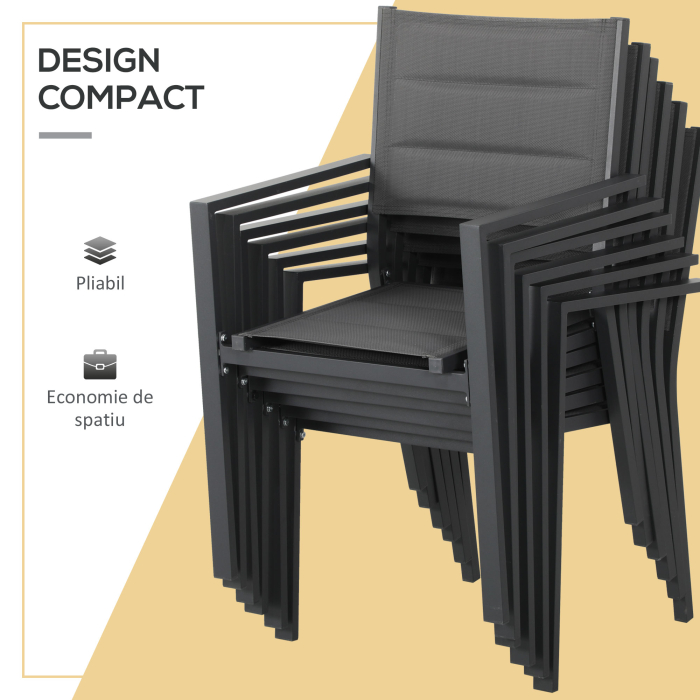  Set de Gradina din Aluminiu 7 Piese cu Masa Dreptunghiulara Extensibila si 6 Scaune de Exterior cu Sezuta din Plasa Respirabila, Gri [5]