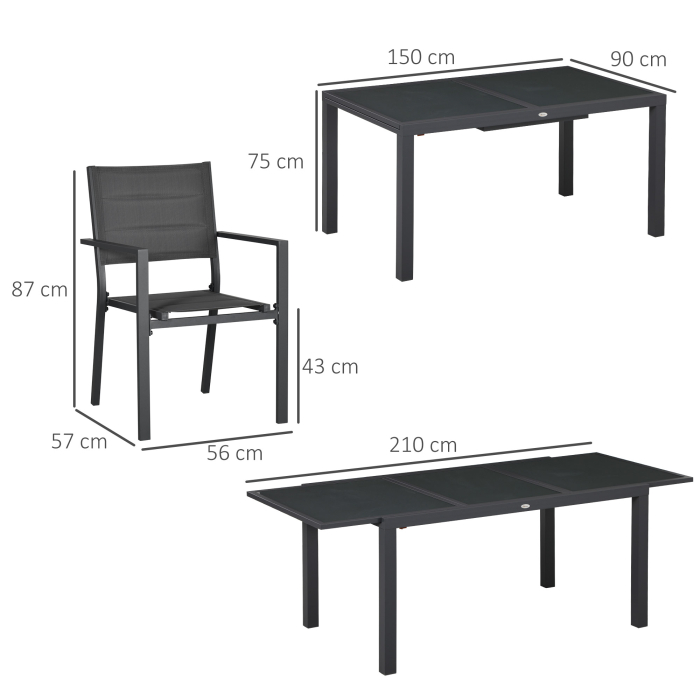  Set de Gradina din Aluminiu 7 Piese cu Masa Dreptunghiulara Extensibila si 6 Scaune de Exterior cu Sezuta din Plasa Respirabila, Gri [3]
