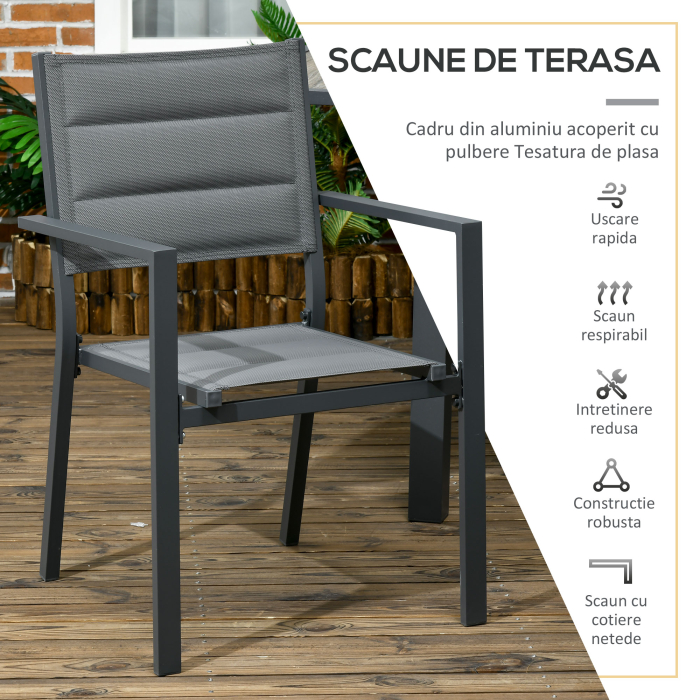  Set de Gradina din Aluminiu 7 Piese cu Masa Dreptunghiulara Extensibila si 6 Scaune de Exterior cu Sezuta din Plasa Respirabila, Gri [6]
