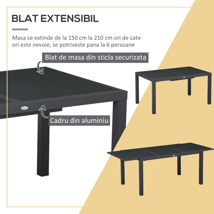  Set de Gradina din Aluminiu 7 Piese cu Masa Dreptunghiulara Extensibila si 6 Scaune de Exterior cu Sezuta din Plasa Respirabila, Gri [4]