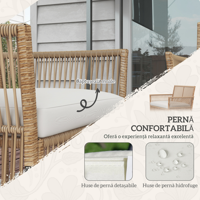  Set de Gradina din Ratan, 4 Piese, cu 2 Fotolii, Canapea si Masuta de Cafea, Natural si Negru [4]