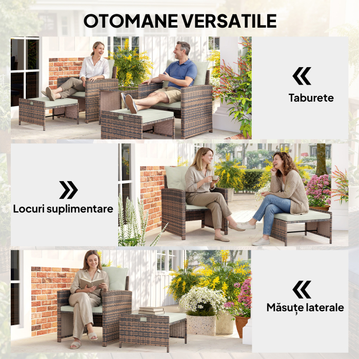  Set de Gradina din Ratan si Otel, 5 piese, cu 2 Taburete, 2 Scaune si Masuta de Cafea pe 2 Nivele, Maro si Crem [5]