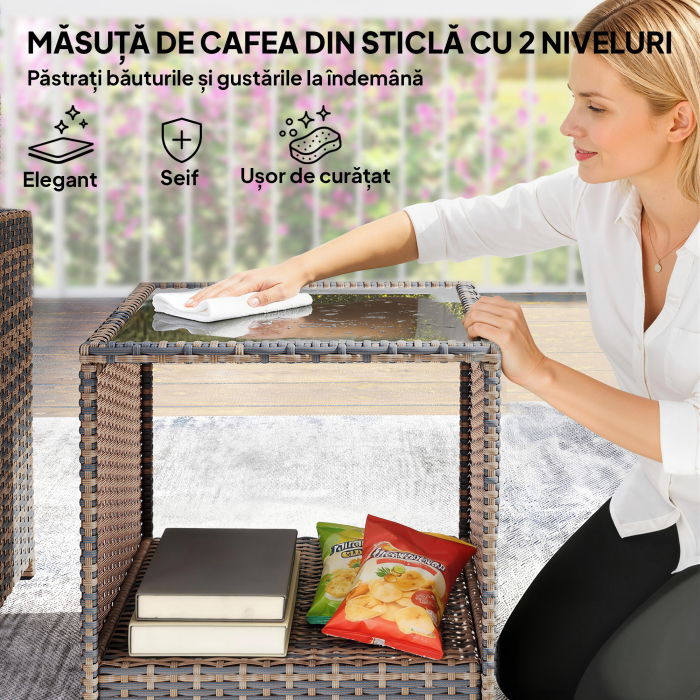  Set de Gradina din Ratan si Otel, 5 piese, cu 2 Taburete, 2 Scaune si Masuta de Cafea pe 2 Nivele, Maro si Crem [8]