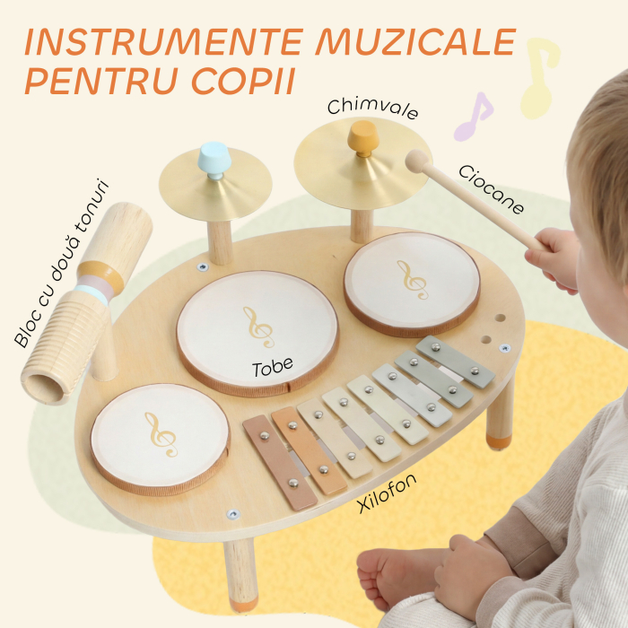  Set de Instrumente Muzicale pentru Copii de la 2+ Ani cu Tobe si Xilofon, Culoare Naturala [4]
