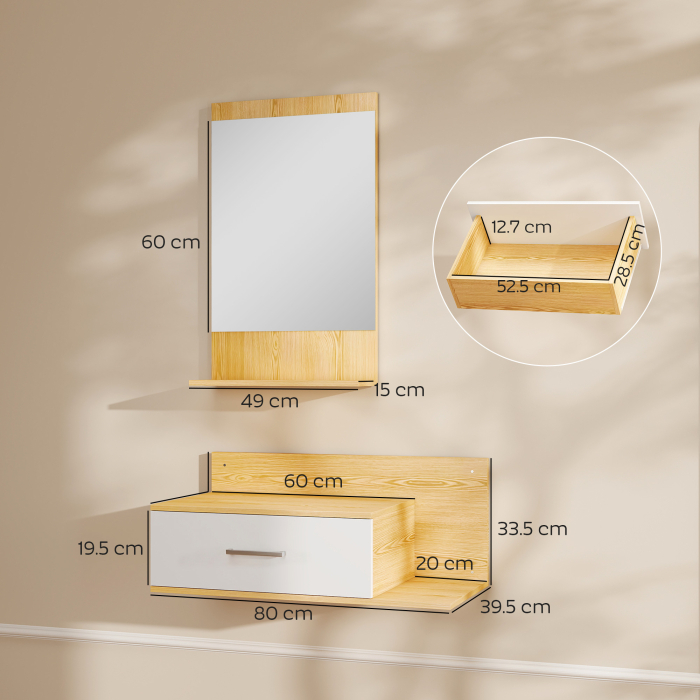  Set de Intrare cu Oglinda cu Raft si Dulap Suspendat cu Sertar si 2 Rafturi Deschise, din Lemn si Sticla [3]