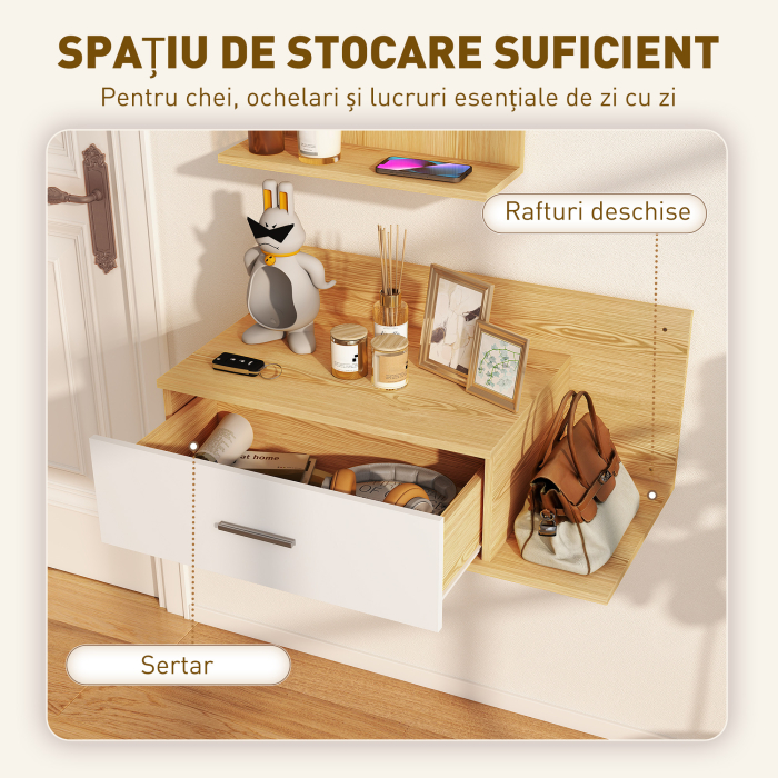  Set de Intrare cu Oglinda cu Raft si Dulap Suspendat cu Sertar si 2 Rafturi Deschise, din Lemn si Sticla [6]