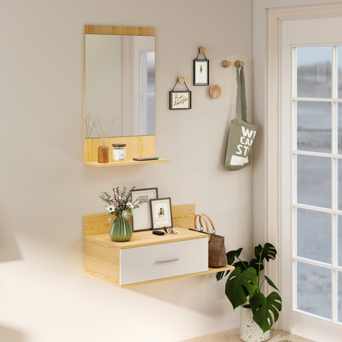  Set de Intrare cu Oglinda cu Raft si Dulap Suspendat cu Sertar si 2 Rafturi Deschise, din Lemn si Sticla [9]