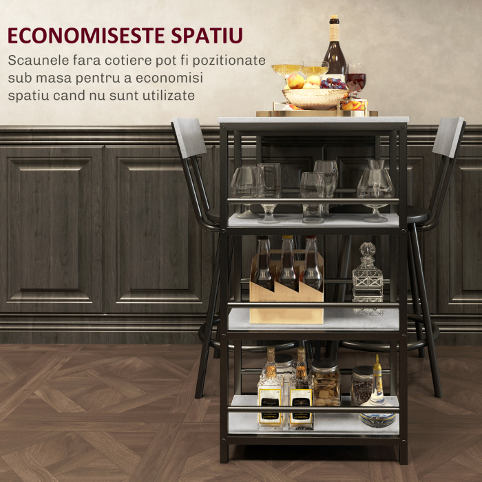  Set de luat masa din 3 piese cu bar cu rafturi si 2 scaune inalte cu spatar, gri deschis [6]